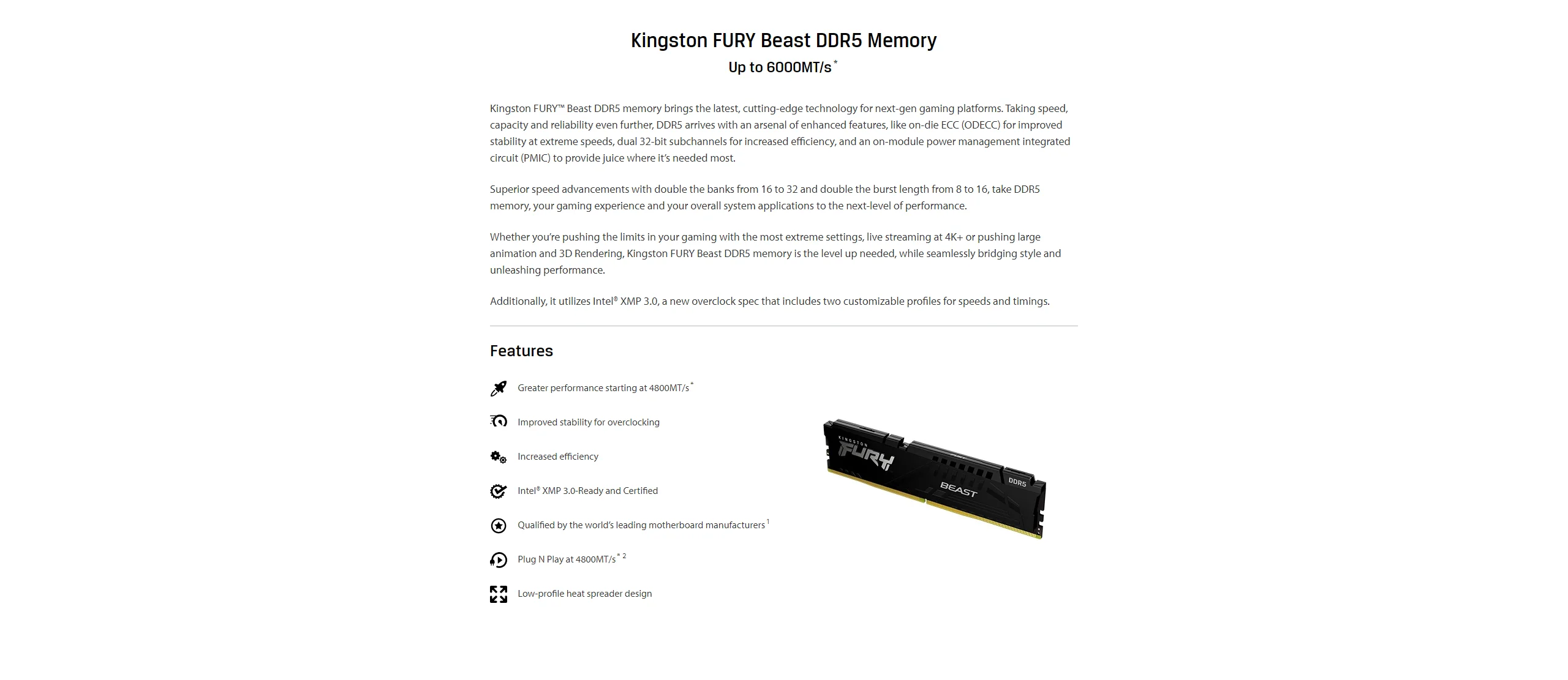 Description Picture 5 of itemKingston RAM FURY Beast DDR5 8GB 16GB 32GB 5200MHz 5600MHz 6000MHz Desktop AMD Intel CPU Motherboard Memory RAMs 1.1V No EXPO