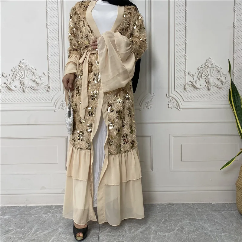 New Sequin Chiffon Horn Sleeve Muslim Cardigan Dress Middle East Open Abaya  Turkish Tunic Abrigo Mujer Largos Musulmana