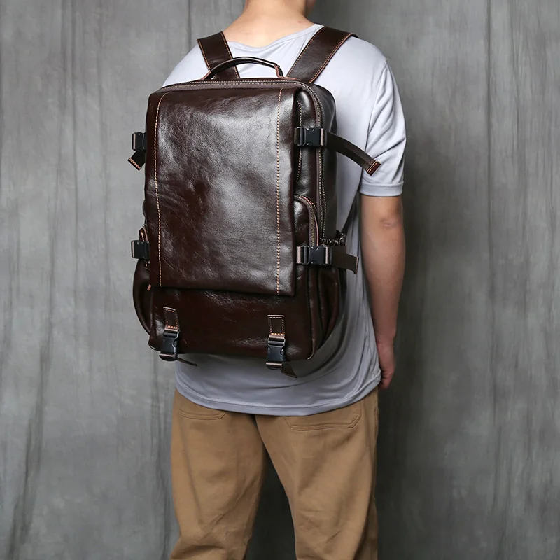 NZPJ Retro Genuine Leather Men Backpack Vegetable Tanned Top Layer Cowhide Backpack Large Capacity Travel Bag For 16 inch laptop