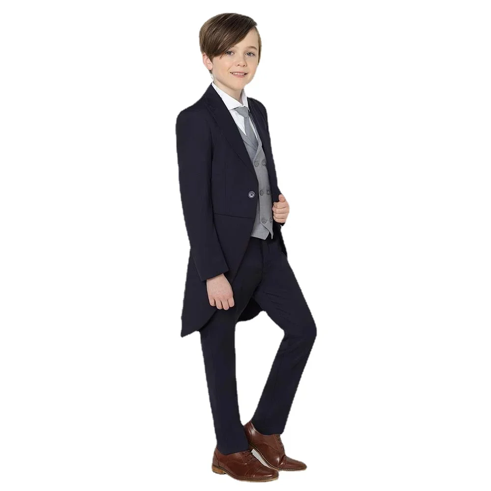 High Quality Slim Fit Full Boy's Suit 3 Pieces Stage Blazer Pants Single Breasted Kids Performance Long Tail Tuxedo