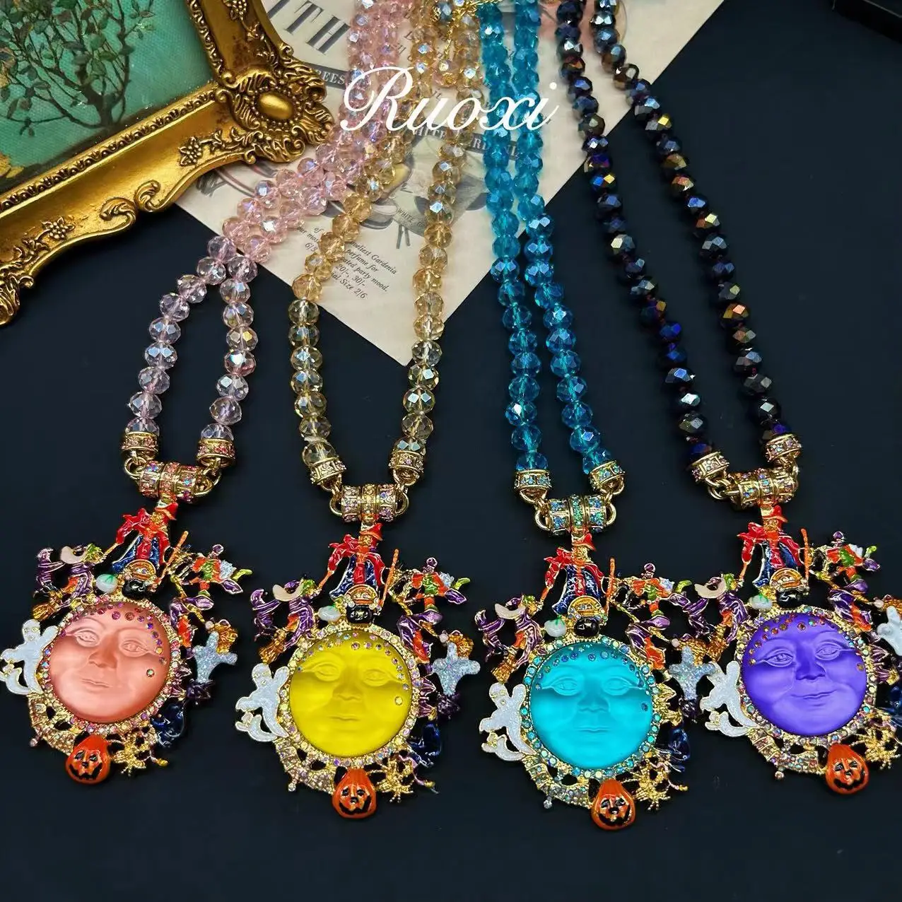 KF 트렌드 달콤한 로맨틱 다채로운 유리 수제 에나멜 판타지 동화 왕국 웃는 얼굴 목걸이, 무료 배송, 도매 