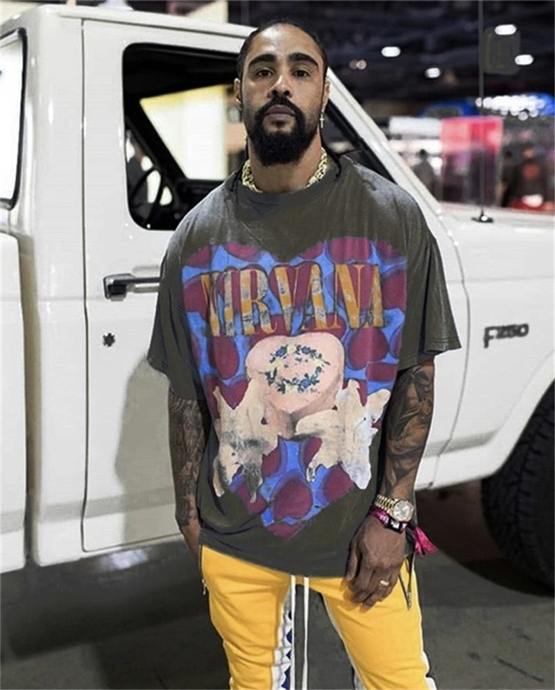 

High Quality Vintage Heart Box Printed Rock Band Short Sleeve High Street Washed Pure Cotton Loose Trendy Brand Oversize T-shirt