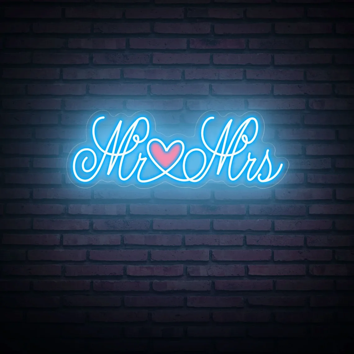 Mr & Mrs Neon Sign UV Printed Heart Acrylic Sign Wall Art Decor Neon Wedding Wedding Party Gift for Couple