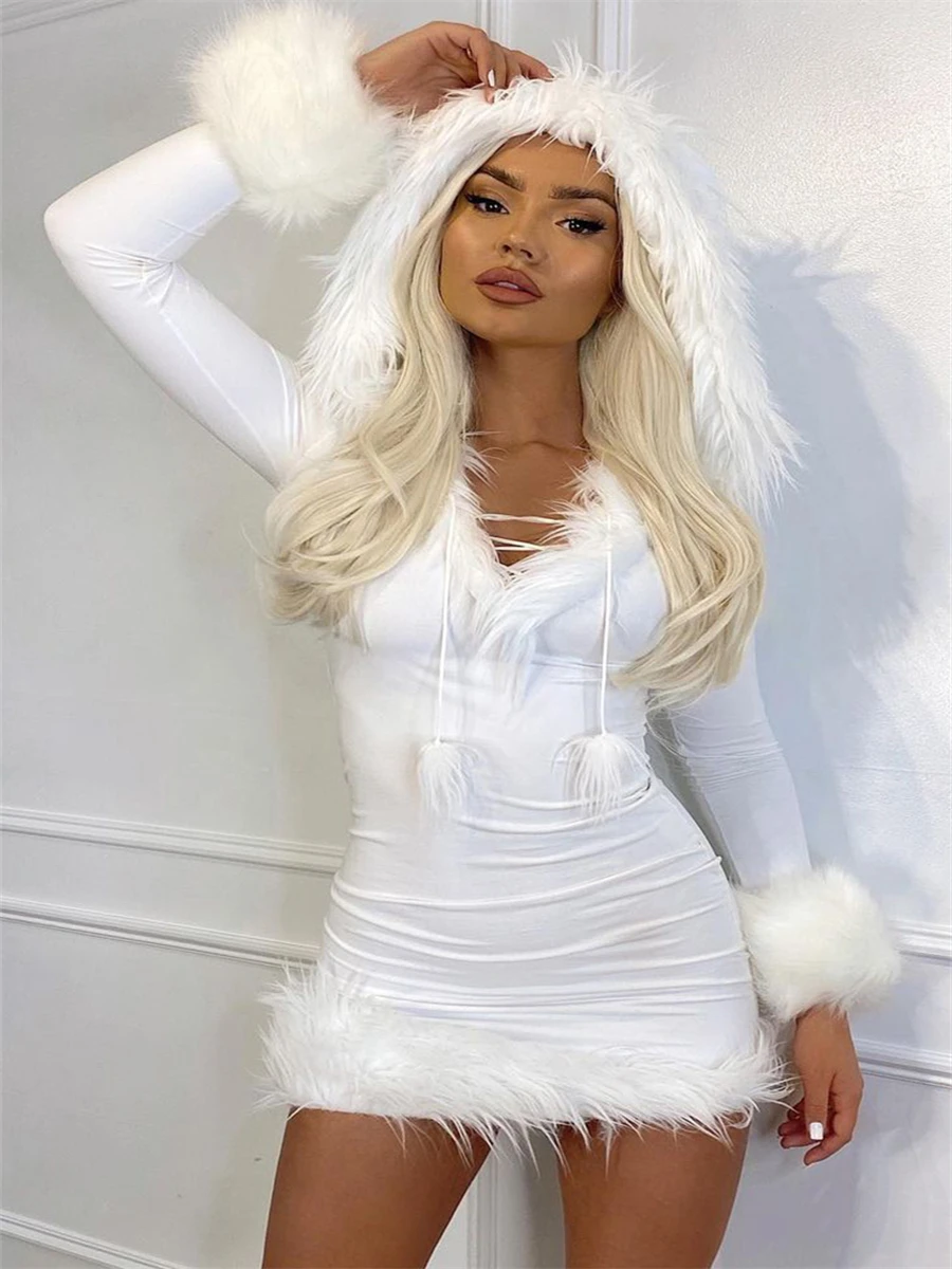 Women Hooded Christmas Dress Solid Color Plush Hem Splicing Long Sleeve Bodycon Pencil Dress Autumn Winter Xmas Clothes 2