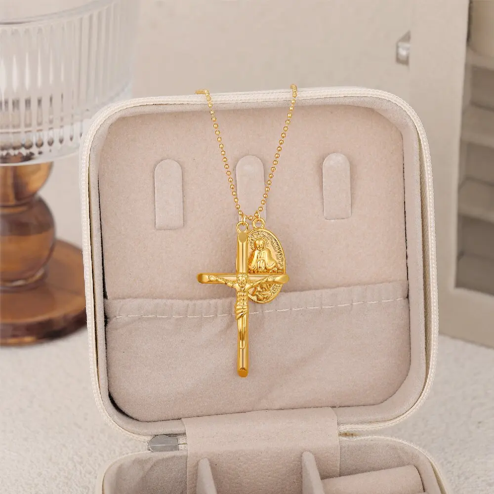 Gold Plated Crucifix Suffering Jesus Pendant Oval Miraculous Medal Cross Necklace for Women Chunky Geometric Pearl Choker Bijoux