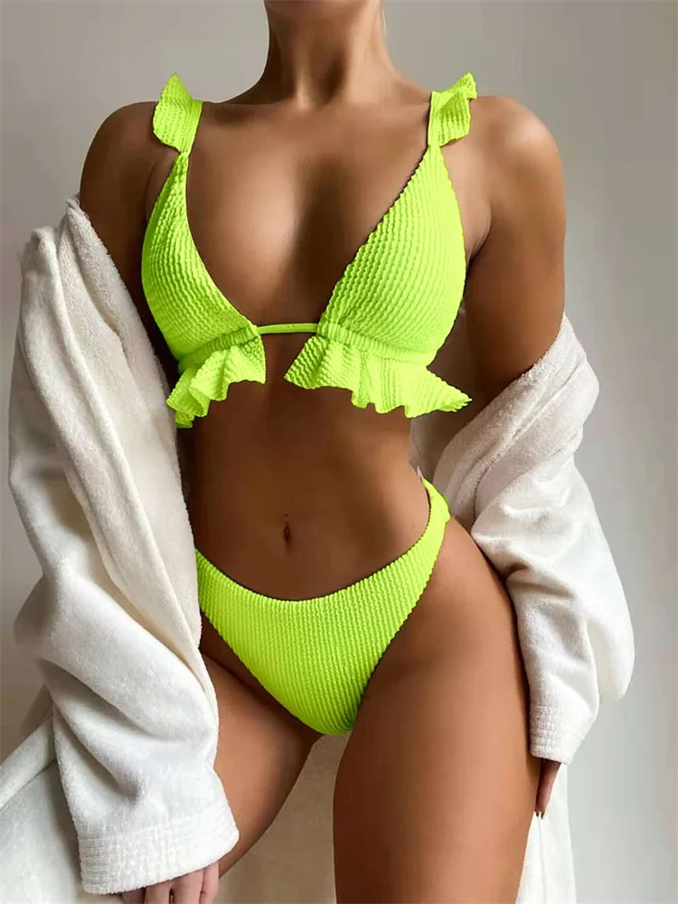 Bikini Women Swimsuit 2023 New Solid Ruffle Sling Bikinis Set Sexy Thong Swimwear Summer Ribbed Beach Wear Bathing Suit Female