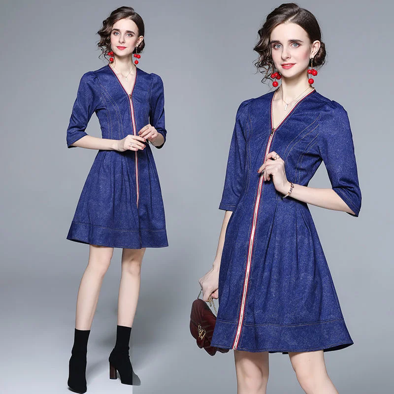 

Spring and summer 2022 new fashion waist closing large swing zipper contrast denim Jacquard Dress