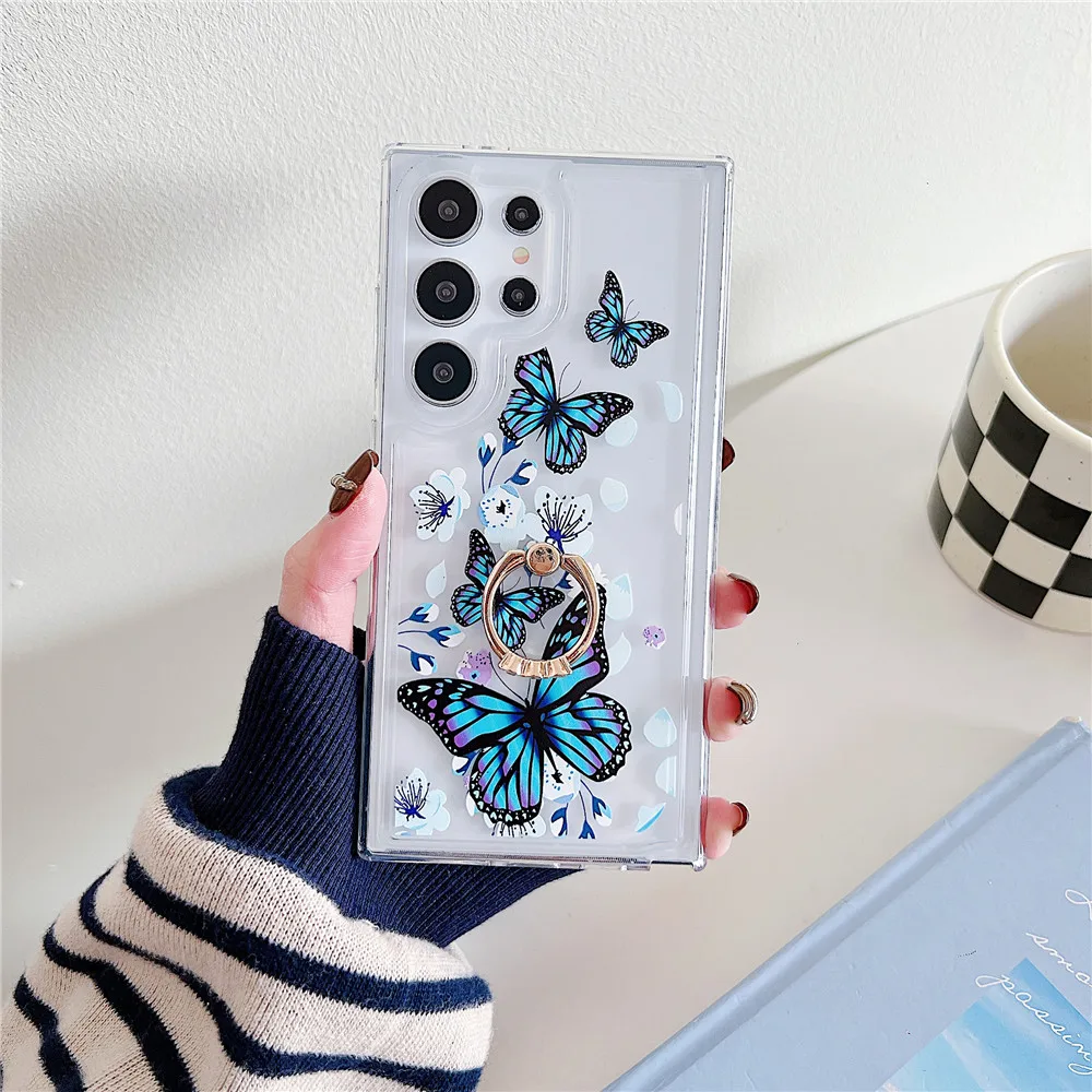 Coque de téléphone transparente en Silicone avec support papillon dégradé, étui pour Samsung S24 S23 Ultra S21FE S20 FE S23FE S22 Plus Note 20_voghion.com