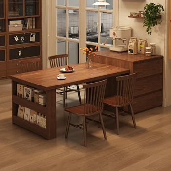 Nordic Walnut Kitchen Island Extendable Dining Table 2025 New Built-in Storage Drawers All-in-One Home Furniture FYDT 1