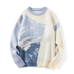 Men's Abstract Printed Crew Neck Thick Sweater 2023 Autumn Winter Loose Contrast Color Long Sleeve Trendy Pullover Knitted Tops