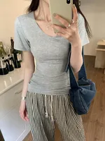 WhiteV-Neckshort manches T-Shirt femme décontracté coupe ample taille ajustée haut Style coréen fibre de Polyester vêtements d'été 6