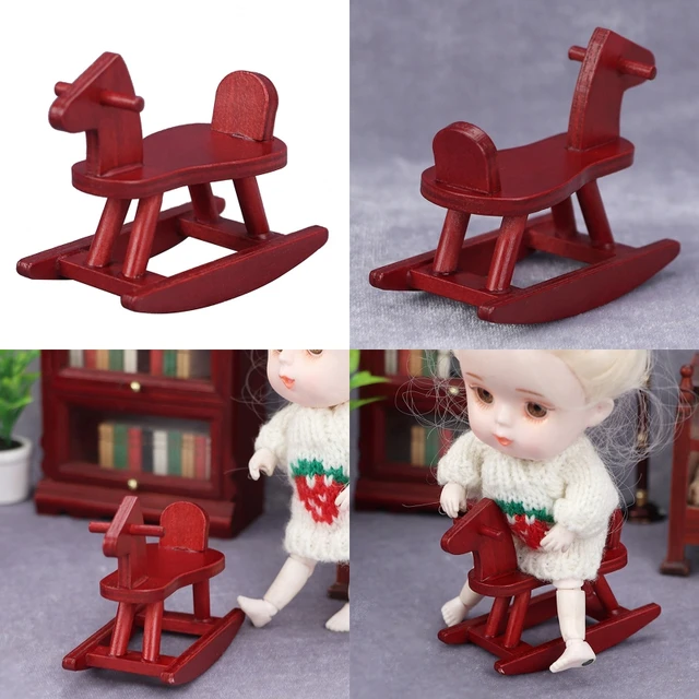 Mini Portable Dollhouse Ride on Horse Decoration Wooden Rocking Horse  1/12 Size  3