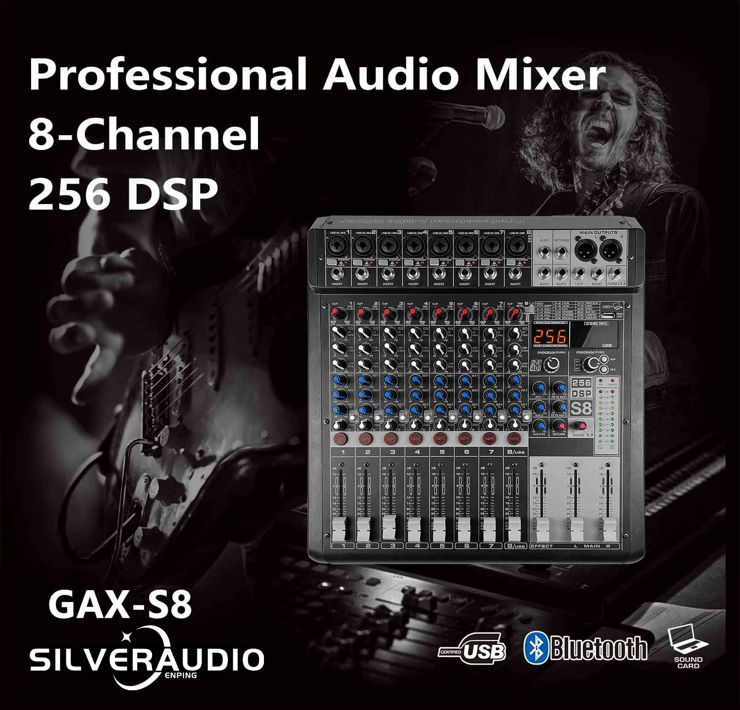 GAX-S8 프로 8채널 DJ 컨트롤러 256 DSP 리버브 효과 BT 5.0 USB 믹서 카라오케 전문 무대 공연용