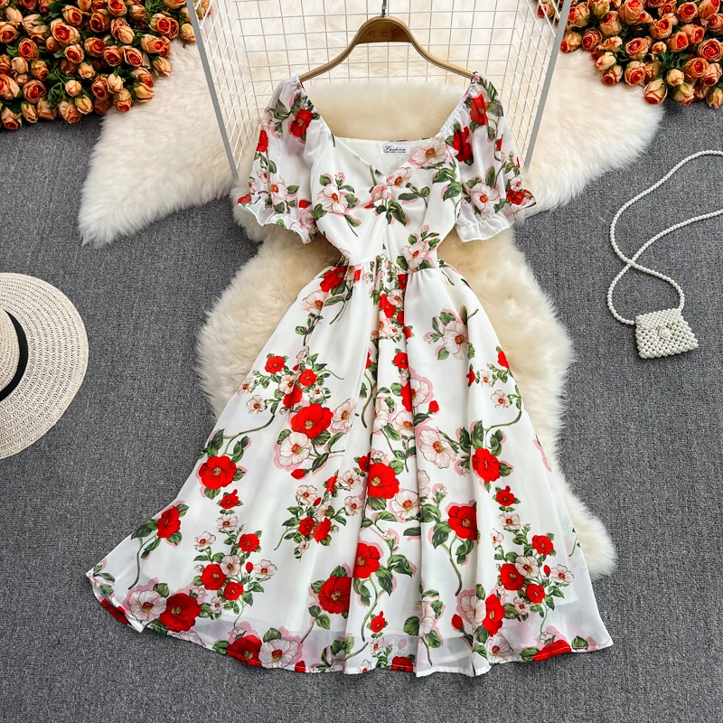 

Floral Printed Chiffon Dresses for Women Summer New Short Sleeve V-neck High Waist Ruched Beach Style Party Vestidos