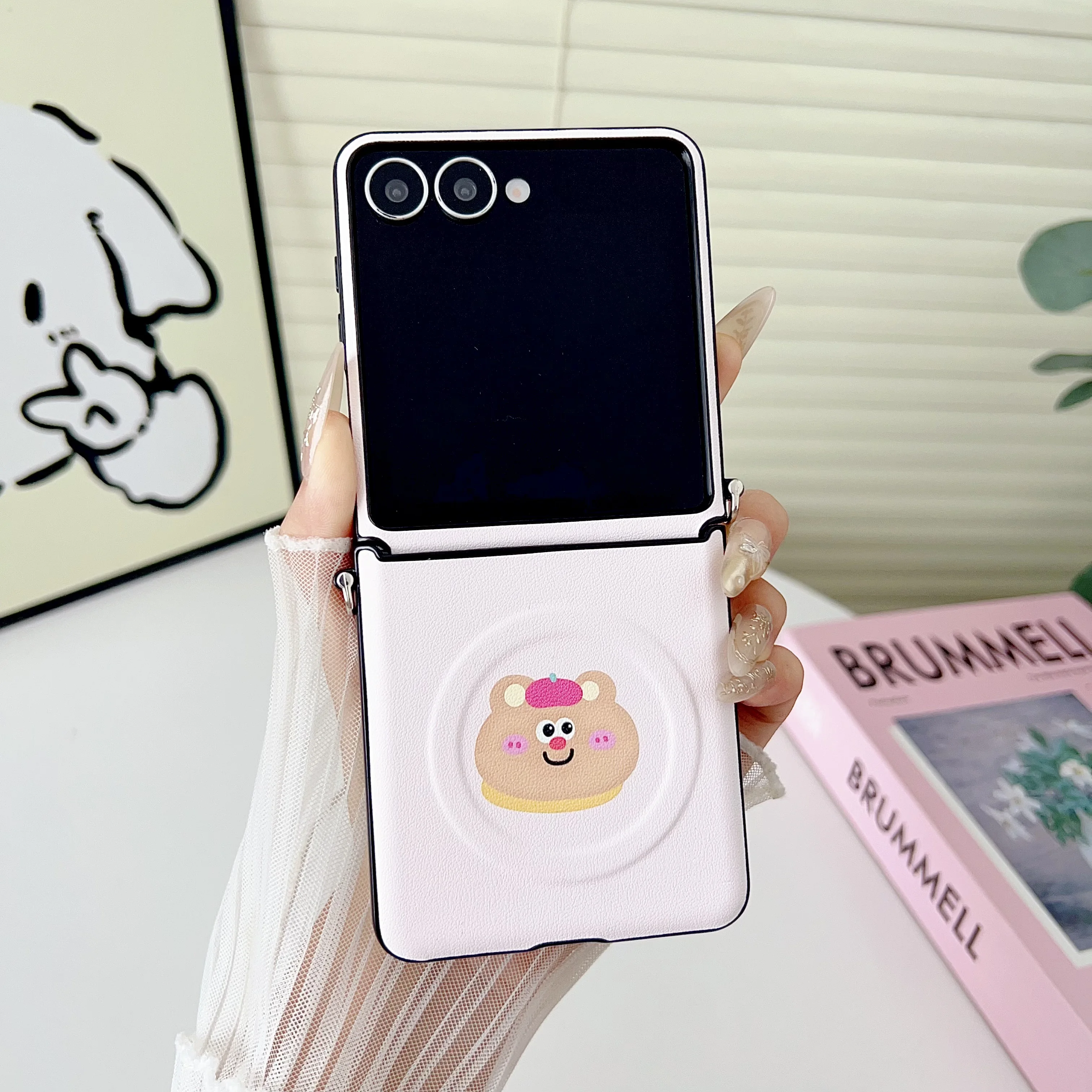 Magnetic Bracket Leather Cartoon Phone Case with Protective Lanyard Cover