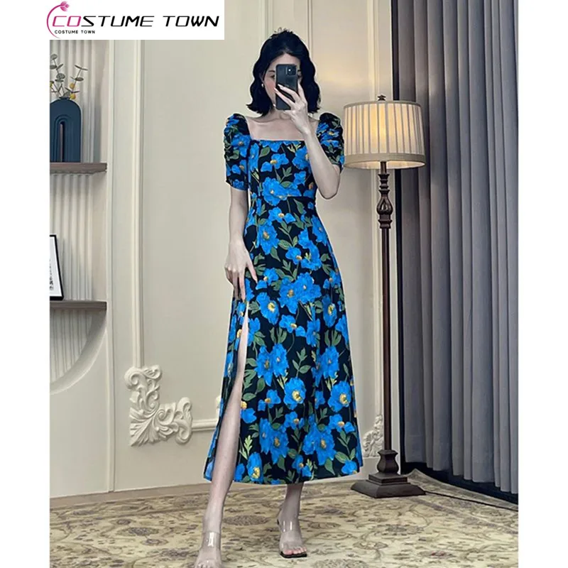 2023 New Korean Sweeten Style Printed Dress Women's Summer Sexy Split Skirt Bubble Sleeve Fragmented Flower Skirt