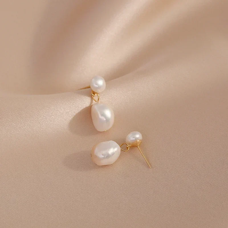 Freshwater Pearl Drop Earrings Gold Metal For Women