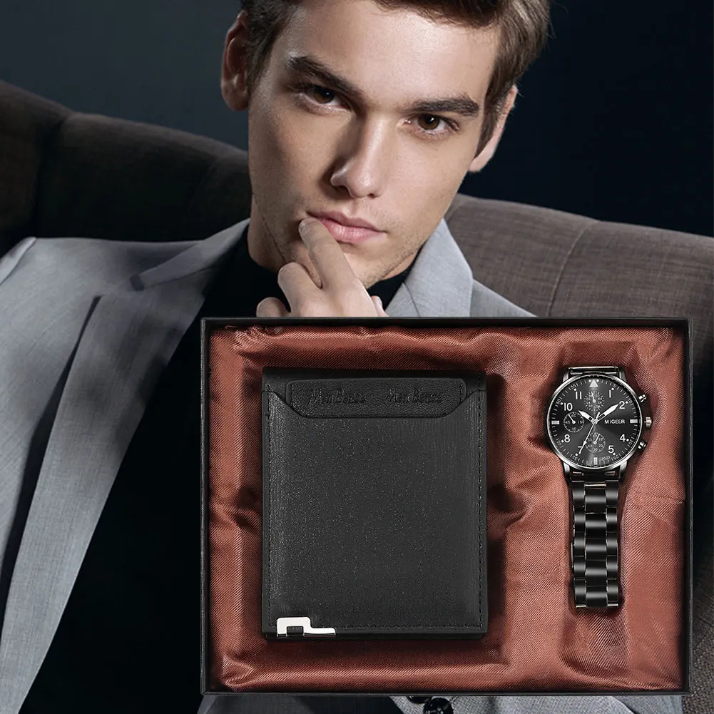 Business Man Wristwatch Cool Black Man Watch with Wallet Set Fashion Luxury Quartz Clock Birthday Present Box for Men Male Gifts