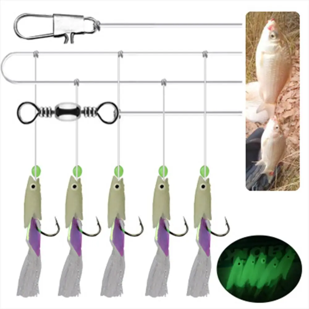5Pcs/Set High Quality Carbon Steel Mackerel Feathers Bass Cod Lure Sea Fishing Luminous Fishing Hook Treble Bait Fishing Wire