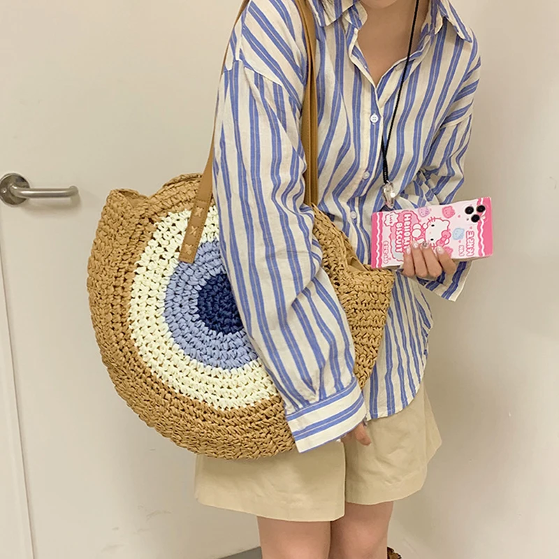 Straw Bag Women Hand-Woven Handbag Round Shape Rattan Bag Big Capacity Casual Beach Shoulder Crossbody Bag