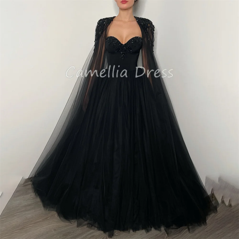 

Black Gothic Evening Dress Sweetheart Neck Crystal Beaded Party Gowns Tulle Prom Dresses Vestidos De Noche فستان العيد 2024