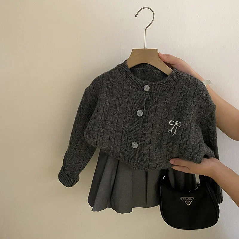 Kids Sweater Kids Coat Sweaters Girl Bow Knitting Cardigan Loose Coat Autumn Pleated Skirt Childrens Clothing Sweet Striped