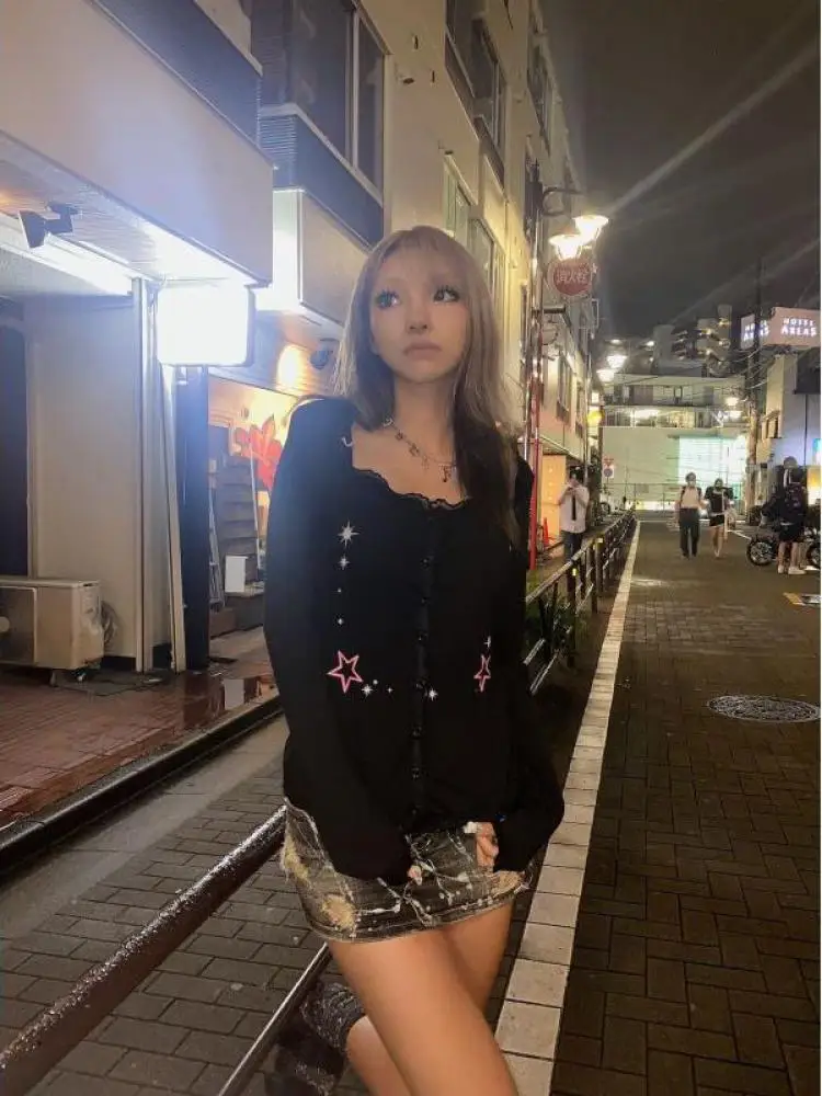 Seeslim 핫스위트 레이스 패치워크 프린트 스타 티셔츠, 긴 소매 슬림 하라주쿠 Y2k 가디건 티셔츠, 여성 의류, 90 년대