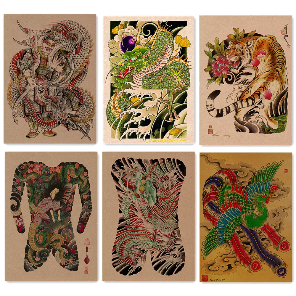 Samurai \ Geisha Tattoo Poster Wall Art Japanese Ukiyo-E Art Works Vintage Matte Kraft Paper Painting Wall Sticker Home Decor A1