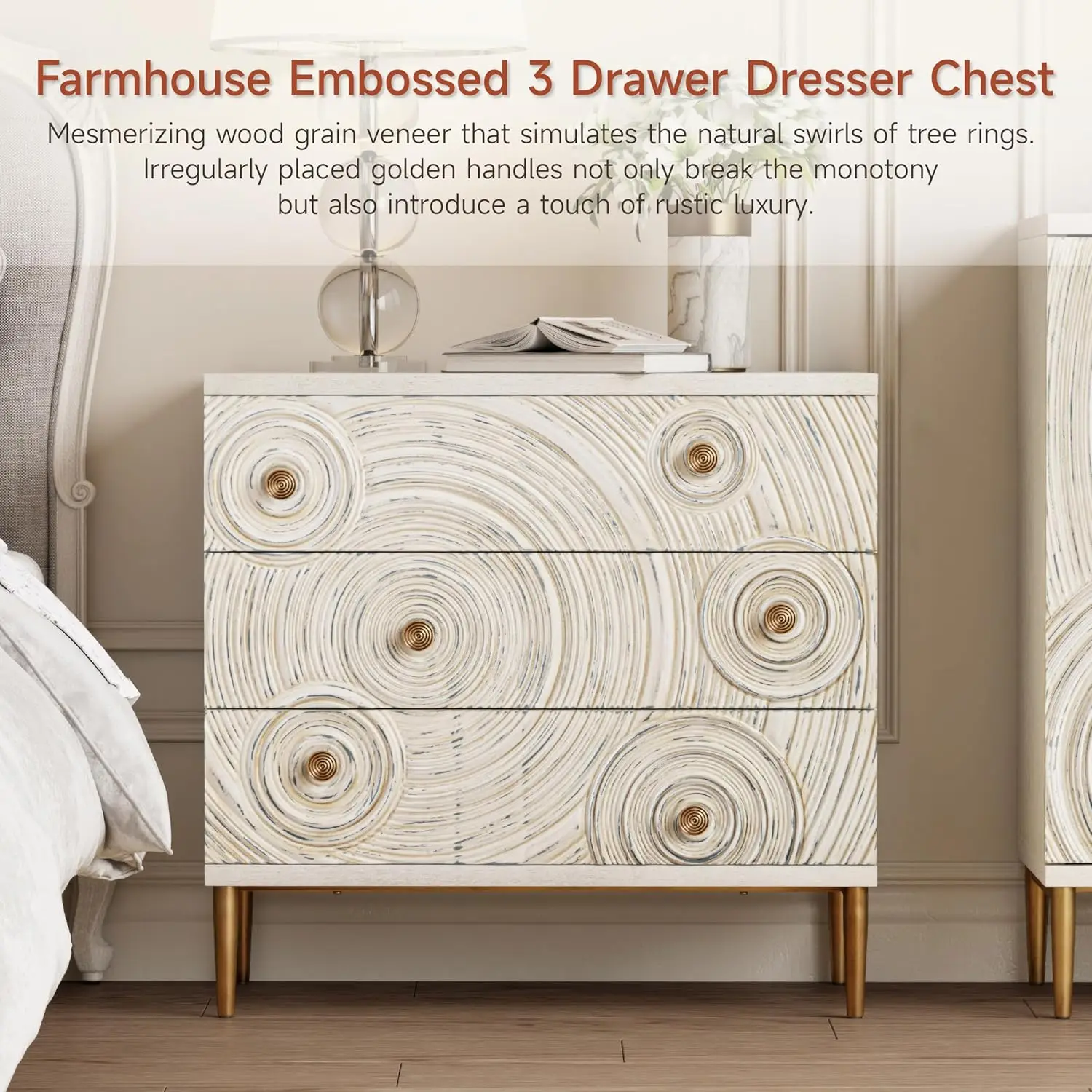 armhouse 3 Drawer Dresser with Ring Motif, Disstressed Embossed Nightstand for Bedroom, Entryway, French Country