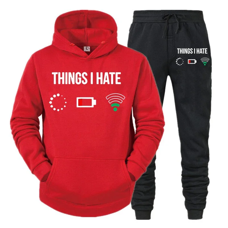 thumbnail image 1 of Conjunto de ropa deportiva hippie para hombre, sudadera con capucha y pantalón con estampado de "Cosas que odio", "Batería baja", "Sin red", 2 piezas, chándales divertidos de moda para hombre, 1 of 5