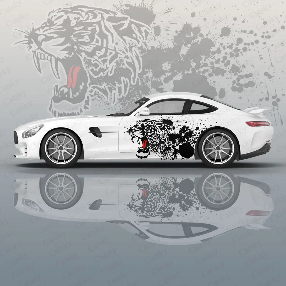 

Funny Black Graffiti Tiger Car Graphic Decal Protect Full Body Vinyl Wrap Modern Design Image Wrap Sticker Decorative Car Decal