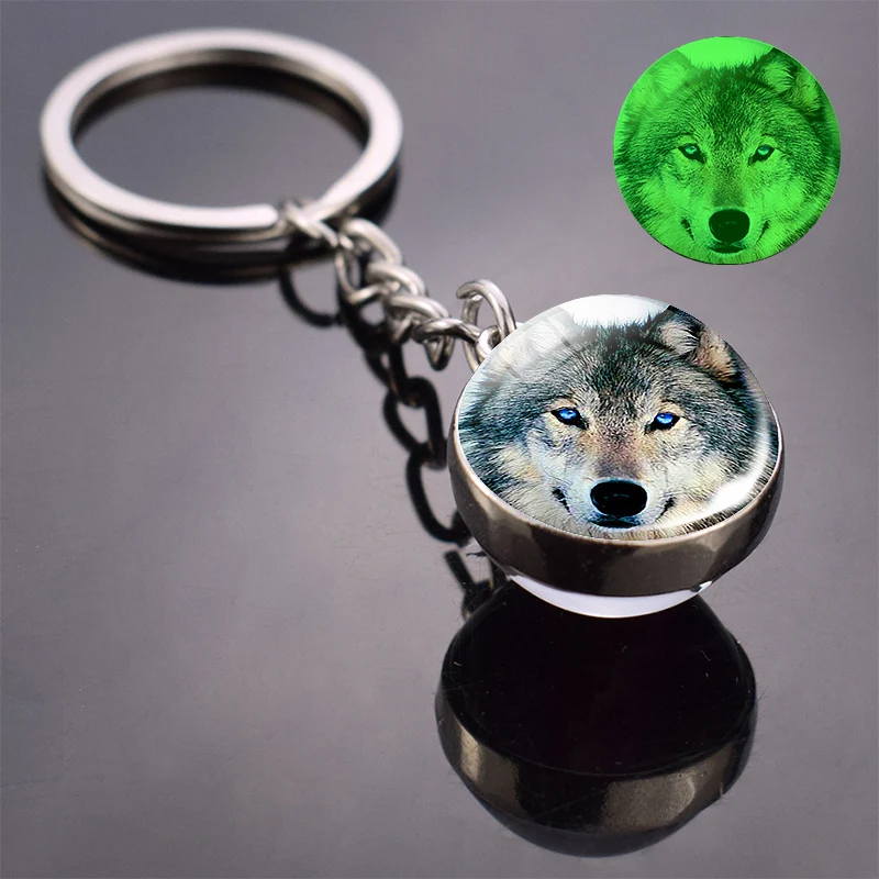 Glow in the Dark Wolf Key Chain Howling Wolf and Moon Keyring Double Side Glass Ball Keychain Head Pendant Key Ring for key rings,key chains