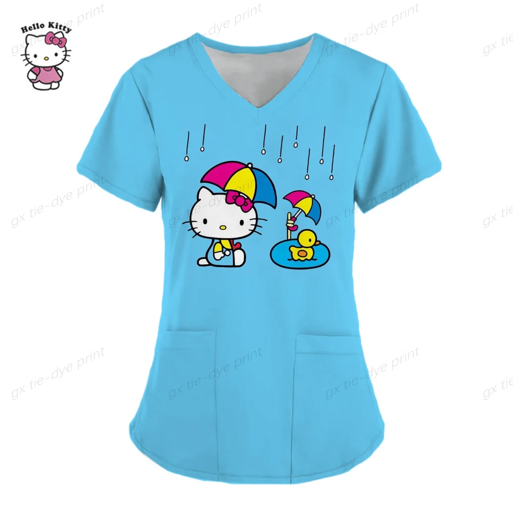 thumbnail image 1 of Camisetas de verano con bolsillos para mujer, uniforme de enfermera, Hello Kitty, cuello en V, ropa para mujer, camiseta de Hospital, camisetas para mujer 2023, 1 of 5