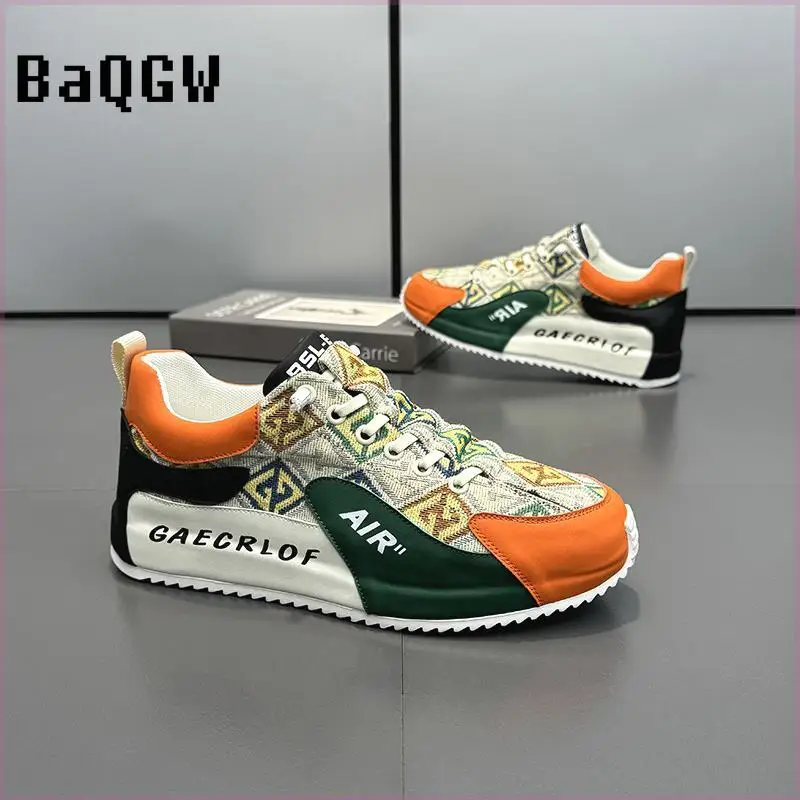 

Men Sneakers Casual Fashion Color Block Microfiber Leather Mesh Breathable Increased Internal Cover Bottom Platform Board Shoes