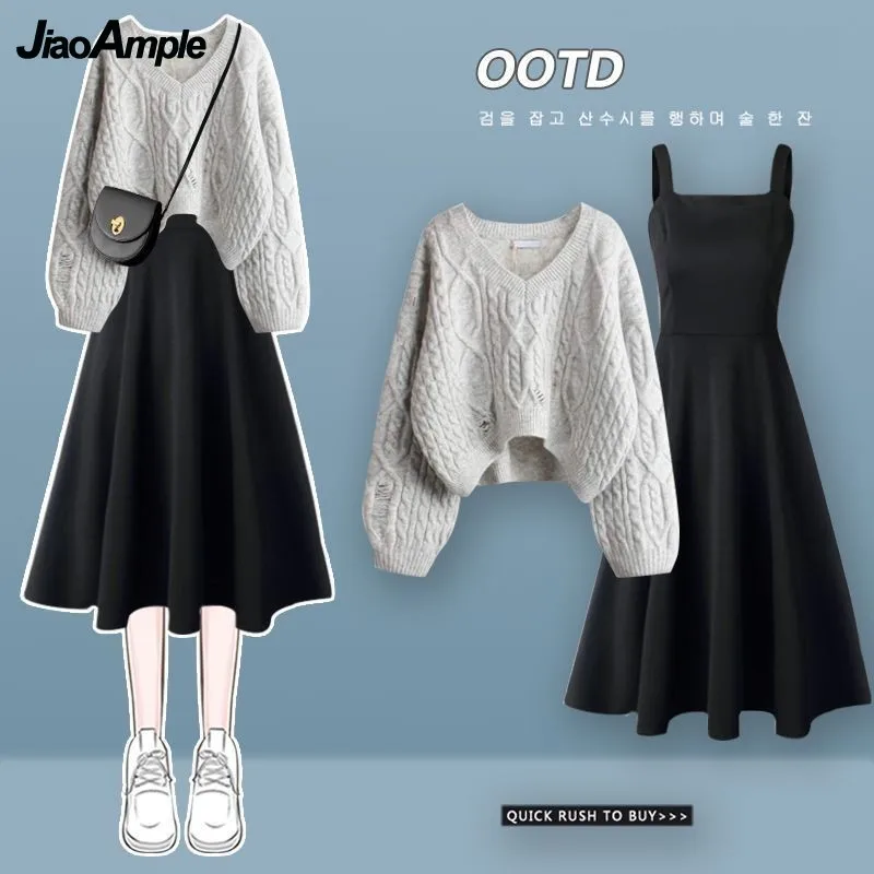 Women\'s Autumn Winter Suit 2023 New Loose Hole Sweater Dress Two Piece Korean Elegant V-Neck Knit Pullover Strap Skirt Set