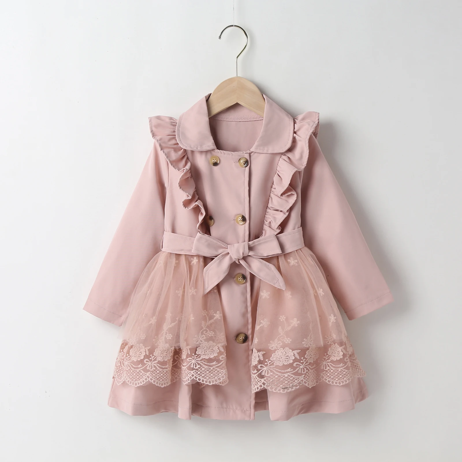 Girls Trench Coats Kid Baby Girl Winter Trench Coat Lace Mesh Patchwork Long Sleeve Lapel Ruffle Double Breasted Windbreaker Outwear with Belt 2-7T kids jacket girls trench coats