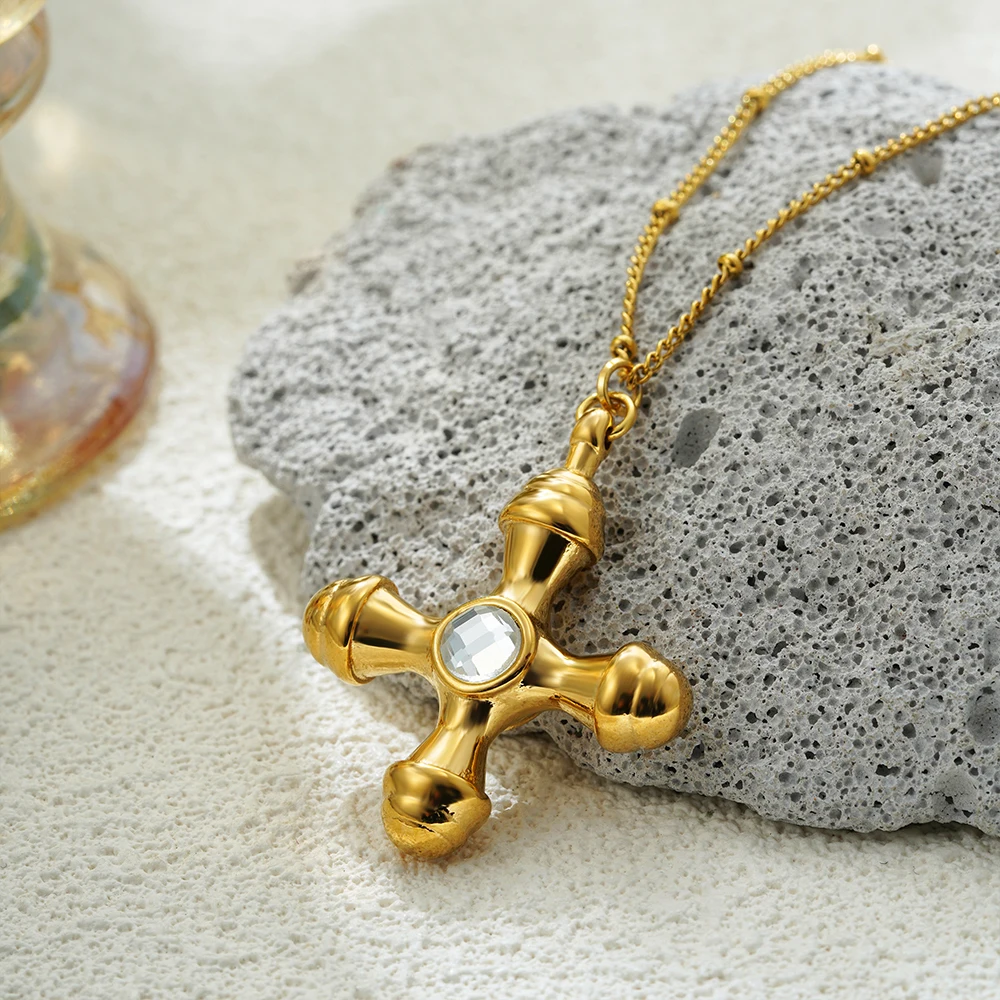 Delicate Thick Cross Pendant Necklace for Women Stainless Steel Sparkling Crystal Round Bead Chain Choker Fashion Jewelry 2025