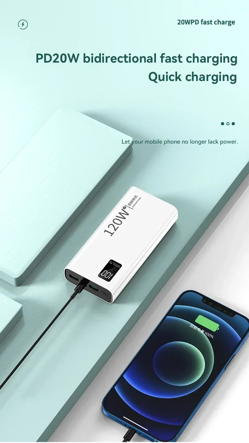 120W Power Bank 200000mAh High Capacity Fast Charging Portable Battery Charger F