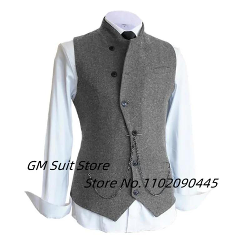 Men's Suit Vest Casual Slim Fit Wool Tweed Stand Collar Business Herringbone Single Breasted Groomsman Jacket Wedding Party