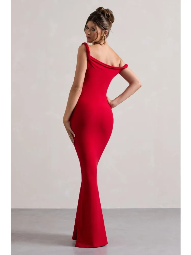 New Fashion Irregular Roll Neck Women's One-word Shoulder Suspender Dress Sexy Women's Medium and Long Solid Color Evening Dress