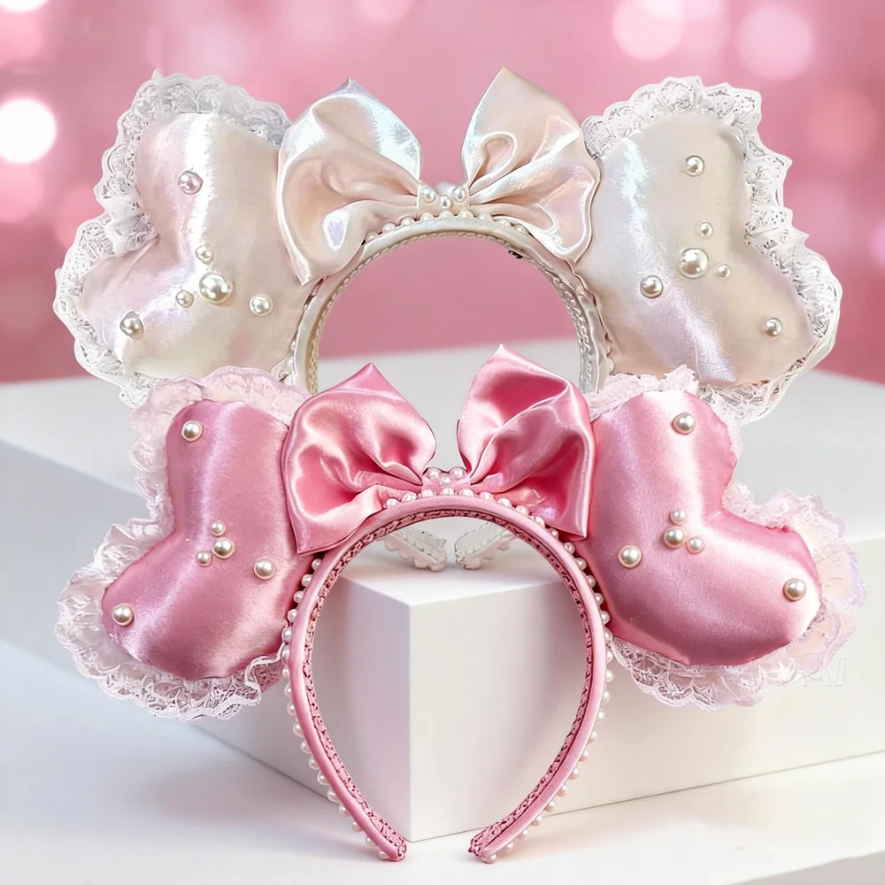 Pearl Heart Mickey Mouse Ears Hairbands Lace Bow Headbands Hair Band Birthday Party Halloween Princess Cosplay Costume For Women