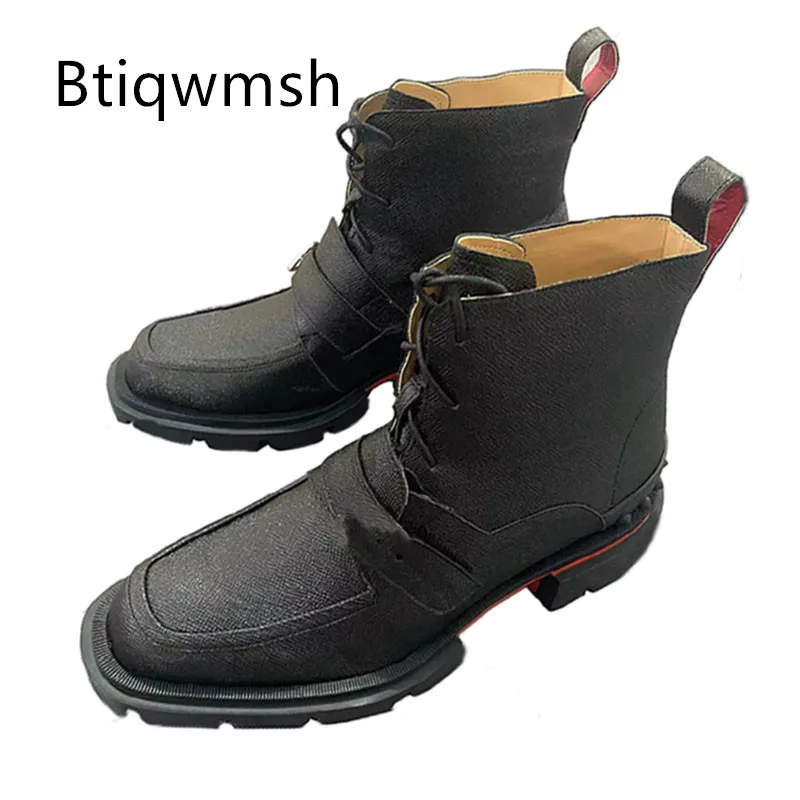 

Black Luxury Ankle Boots Man Square Toe Real Leather Med Heel Shoes Male Fashion Military Botas