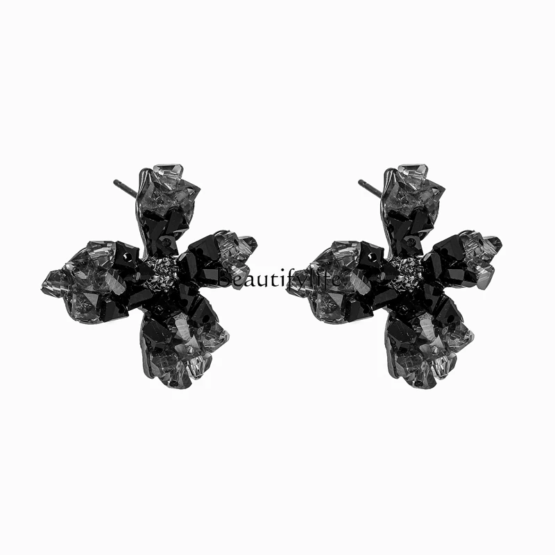 

Exaggerated Black Flowers Big Ear Stud High Sense French Earrings