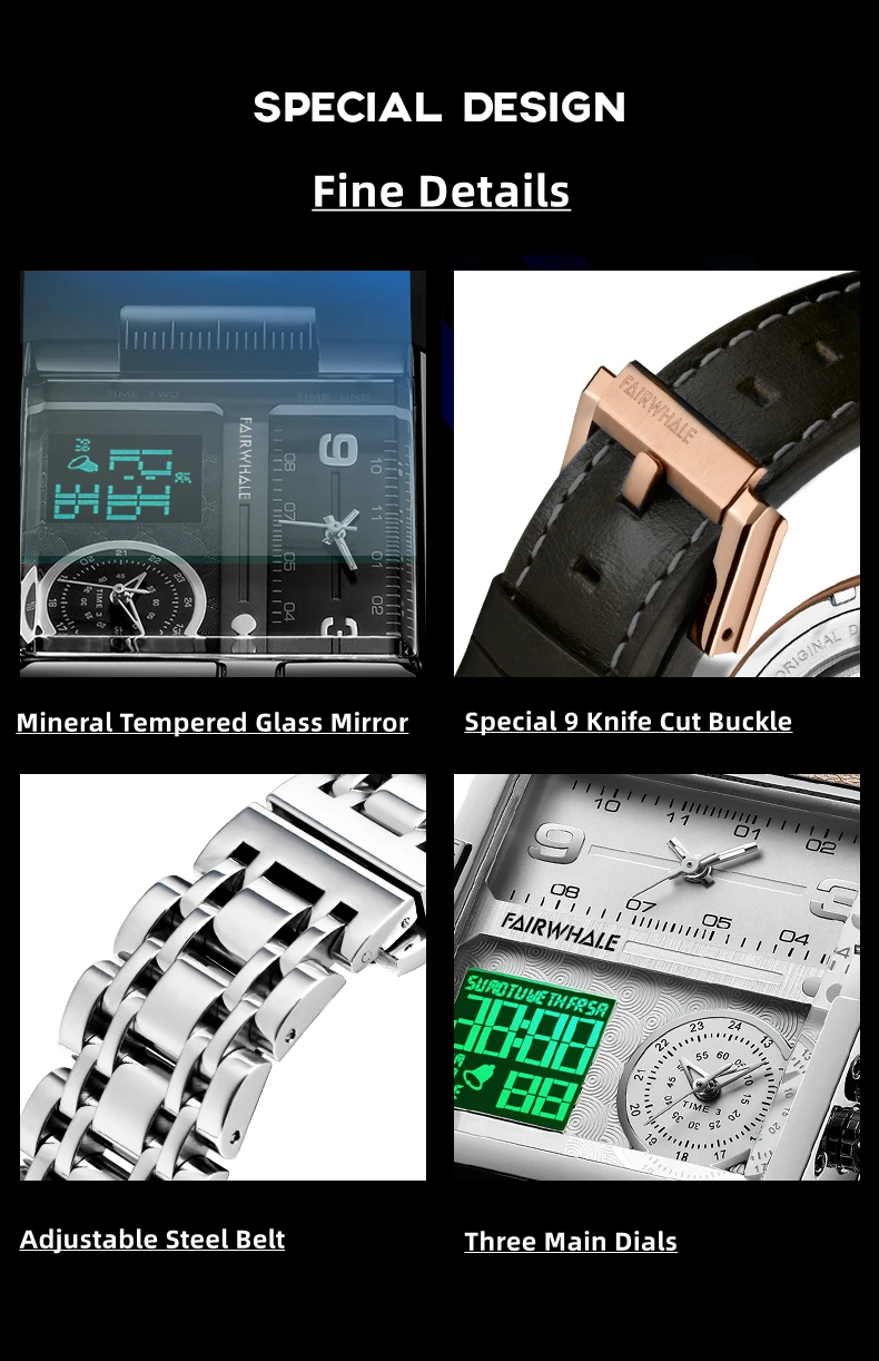 Mark Fairwhale Men's Top Luxury Brand Waterproof Watch Men's Quartz Analog Digital Watch Square Watch Trinity Design