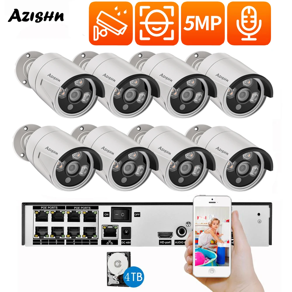 Azishn 8ch 5mp Poe Face Detection Ip Camera Outdoor Cctv Video