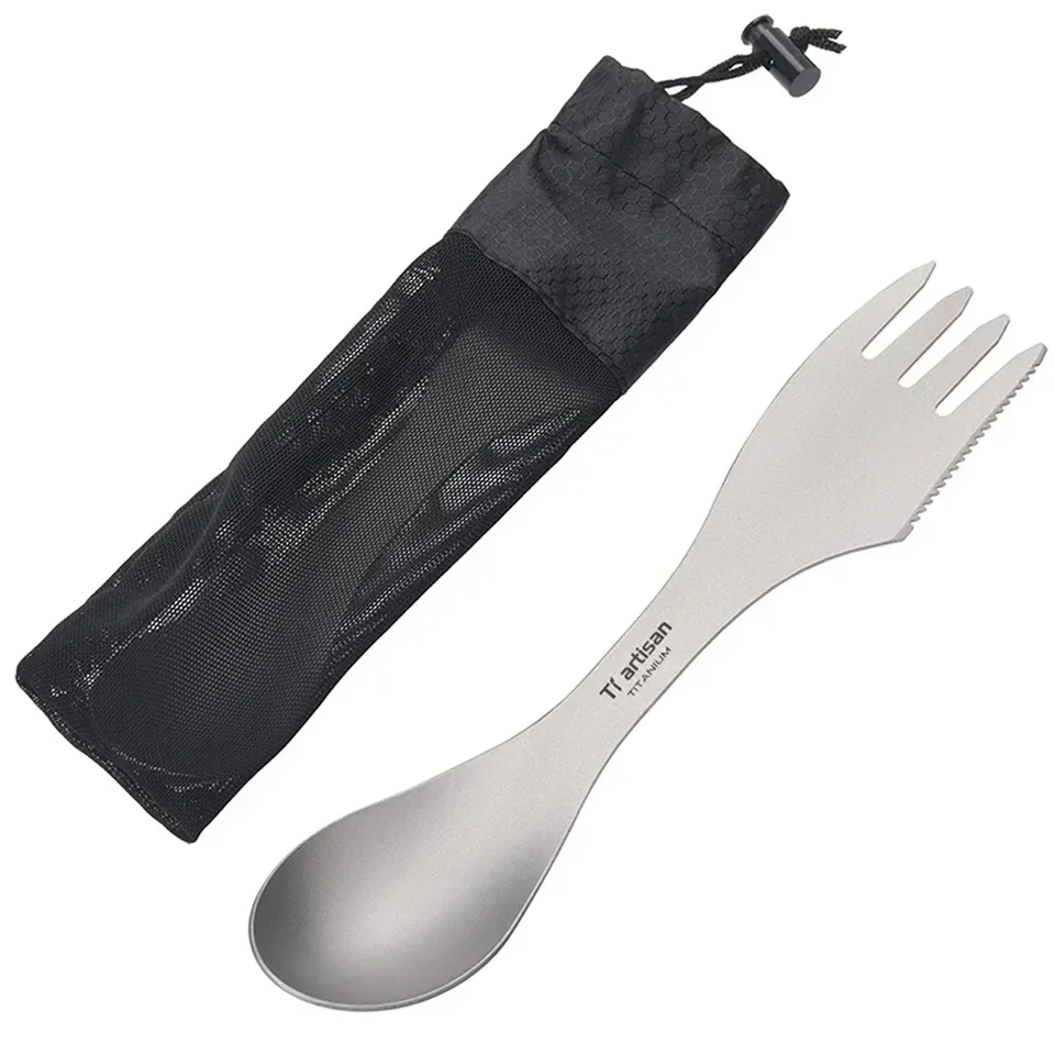 Couvert EDC Pliable En Titane - Spork Cuillère Couteau - 3 Pièces - Camping Outdoor