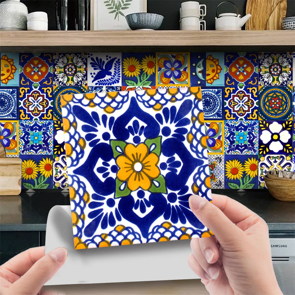 24pcs Retro Pattern Tile Stickers Self-adhesive Diy Stair Wall Decals Home Decoration For Kitchen Bathroom