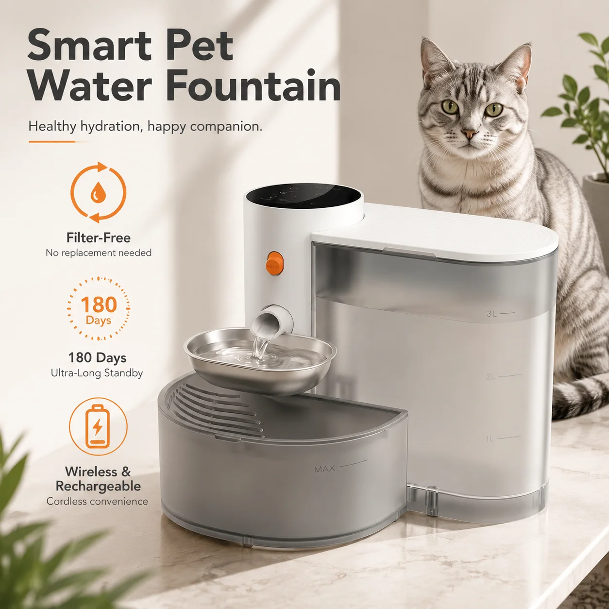 Smart Pet Water Fountain,3L Wireless Cat Water Fountain No Filter,Batt
