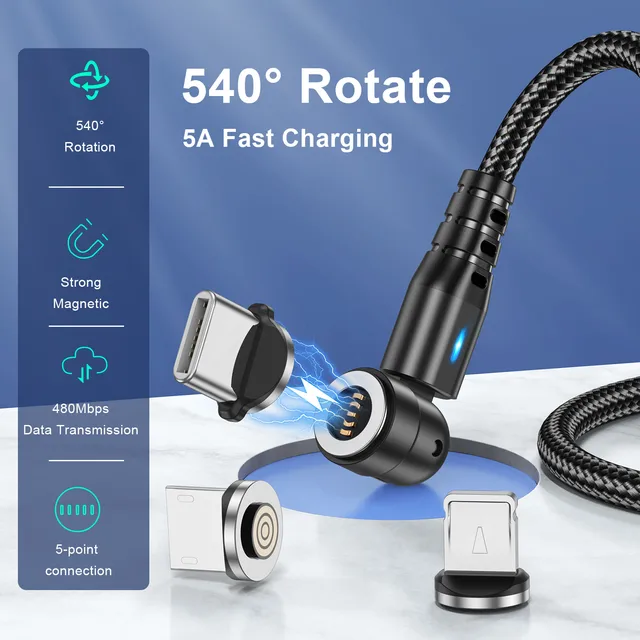 42788-aa5cc0.jpg cable magnétique USB Micro et Type C 5A rotatif à 540 °, charge rapide
