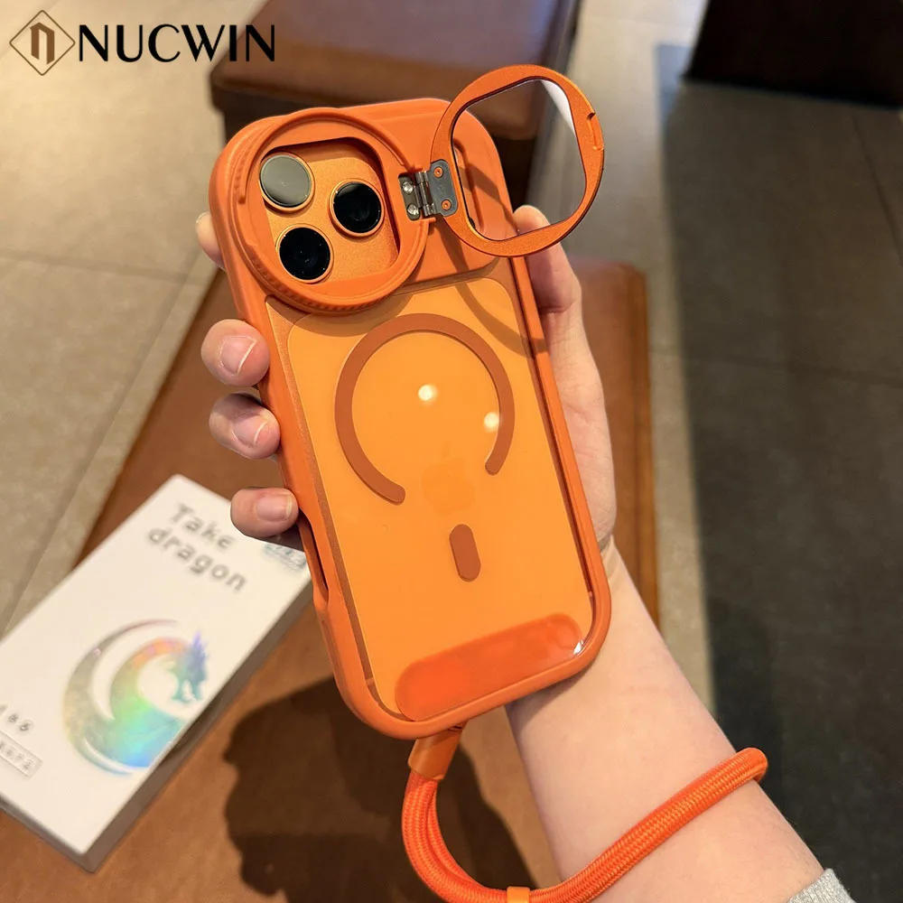 Luxury Magnetic Lens Bracket Lanyard Phone Case with Air Flip Stand and Transparent Cover